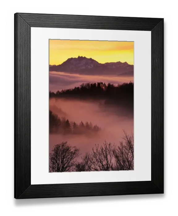 Framed Print : Foggy mood in the evening light with view on Mt. Pilatus, Zug, Switzerland, Europe Framed Print : Foggy mood in the evening light with view on Mt. Pilatus, Zug, Switzerland, Europe