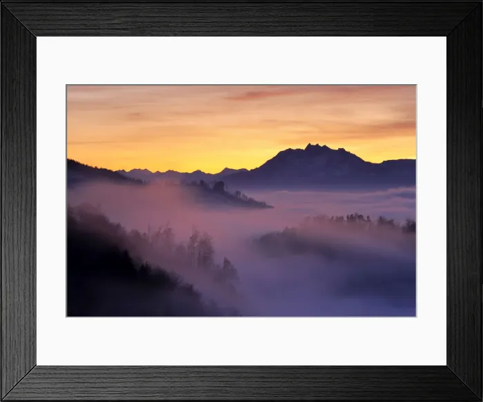 Framed Print : Foggy mood in the evening light with view on Mt. Pilatus, Zug, Switzerland, Europe Framed Print : Foggy mood in the evening light with view on Mt. Pilatus, Zug, Switzerland, Europe