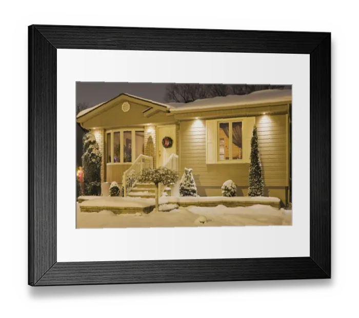 Framed Print : Bungalow style residential home illuminated in winter at dusk with Christmas decorations, Quebec, Canada