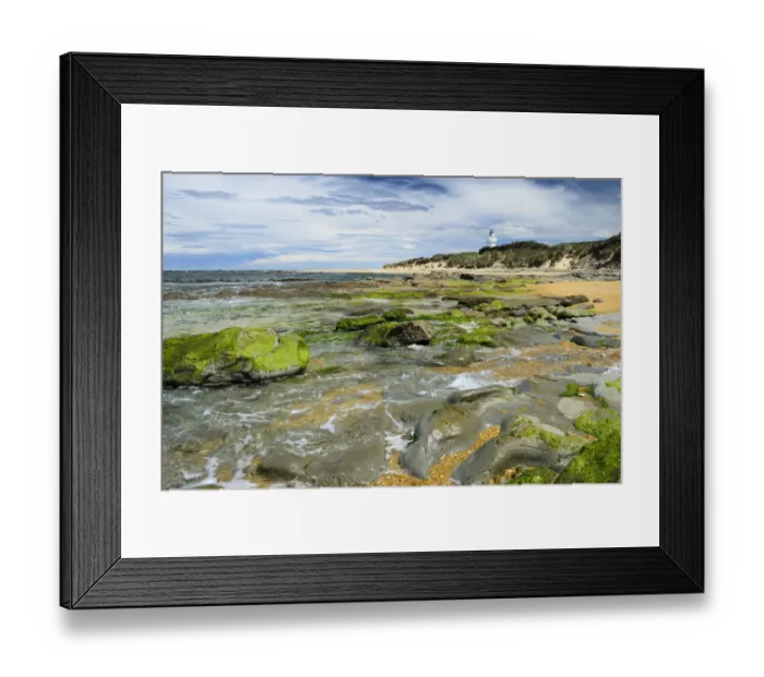 Framed Print : Lighthouse at Waipapa Point with clouds in the sky, algae covered rocks at the front, Otara, Fortrose, Southland Region, South Island, New Zealand Framed Print : Lighthouse at Waipapa Point with clouds in the sky, algae covered rocks at the front, Otara, Fortrose, Southland Region, South Island, New Zealand