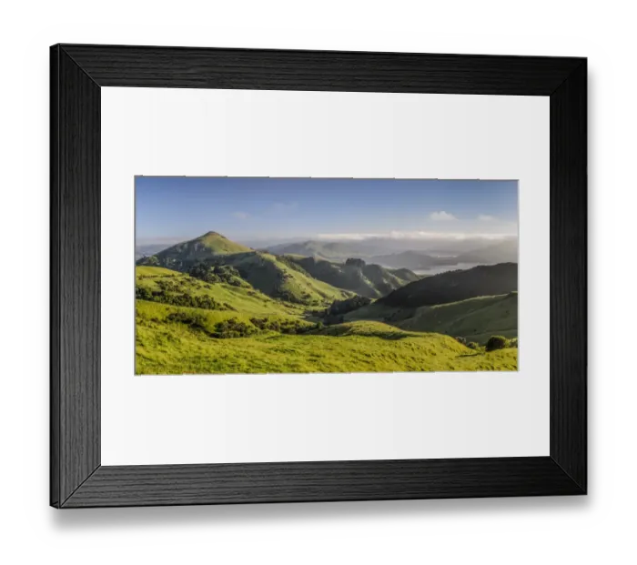 Framed Print : Green hilly grasslands with view of Hoopers Inlet, Otago Peninsula, South Island, New Zealand Framed Print : Green hilly grasslands with view of Hoopers Inlet, Otago Peninsula, South Island, New Zealand
