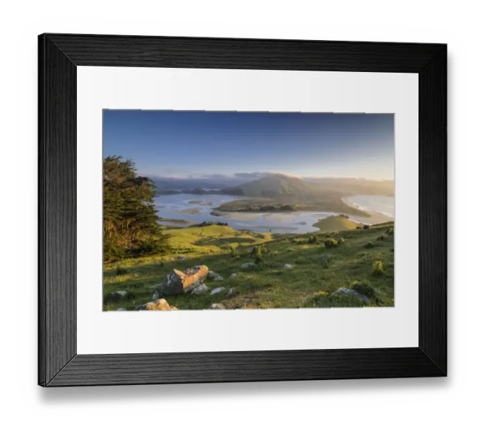 Framed Print : Grassland, Hoopers Inlet at the back, a bay on the Otago Peninsula, South Island, New Zealand, Oceania Framed Print : Grassland, Hoopers Inlet at the back, a bay on the Otago Peninsula, South Island, New Zealand, Oceania