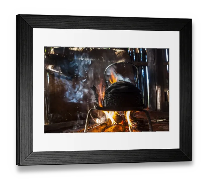 Framed Print : Kettle over an open fire in a kitchen made of bamboo, Lahu village, province of Mae Hong Song, Northern Thailand, Thailand