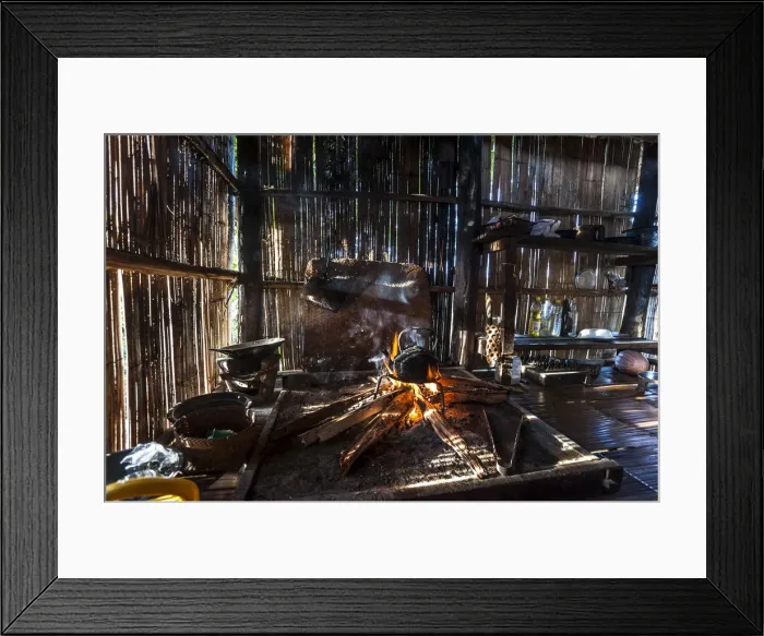Framed Print : Kettle over an open fire in a kitchen made of bamboo, Lahu village, province of Mae Hong Song, Northern Thailand, Thailand