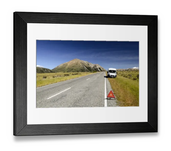 Framed Print : White van parked on the roadside, breakdown triangle, breakdown, Craigieburn Range, Canterbury, South Island, New Zealand, Oceania Framed Print : White van parked on the roadside, breakdown triangle, breakdown, Craigieburn Range, Canterbury, South Island, New Zealand, Oceania