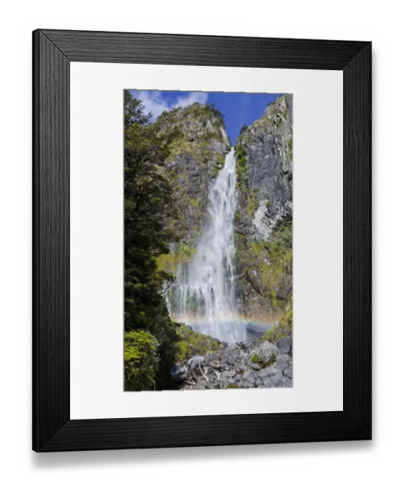 Framed Print : Waterfall with a rainbow, Devils Punchbowl Falls, Arthurs Pass, South Island, New Zealand Framed Print : Waterfall with a rainbow, Devils Punchbowl Falls, Arthurs Pass, South Island, New Zealand