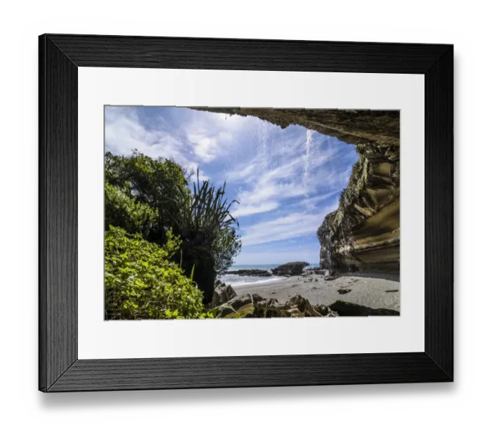Framed Print : Rock formations of Trumans Cove at the beach with a waterfall, Te Miko, Trumans Bay, Paparoa National Park, Punakaiki, South Island, New Zealand, Oceania Framed Print : Rock formations of Trumans Cove at the beach with a waterfall, Te Miko, Trumans Bay, Paparoa National Park, Punakaiki, South Island, New Zealand, Oceania