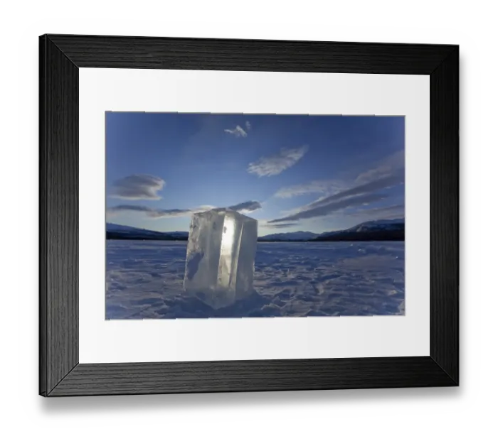 Framed Print : Clear ice cube on frozen Fish Lake, cut out with a chain saw, Yukon Territory, Canada Framed Print : Clear ice cube on frozen Fish Lake, cut out with a chain saw, Yukon Territory, Canada
