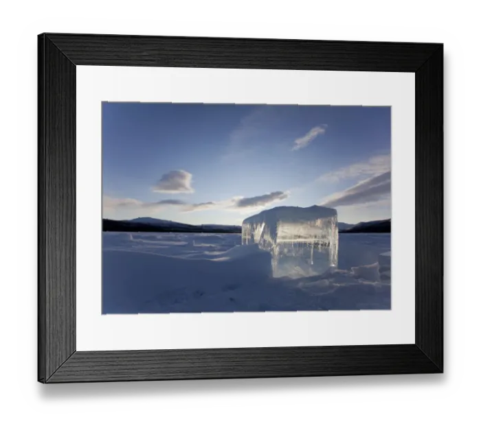 Framed Print : Clear ice cube on frozen Fish Lake, cut out with a chain saw, Yukon Territory, Canada Framed Print : Clear ice cube on frozen Fish Lake, cut out with a chain saw, Yukon Territory, Canada