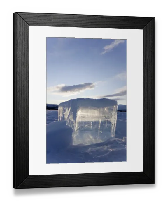 Framed Print : Clear ice cube on frozen Fish Lake, cut out with a chain saw, Yukon Territory, Canada Framed Print : Clear ice cube on frozen Fish Lake, cut out with a chain saw, Yukon Territory, Canada