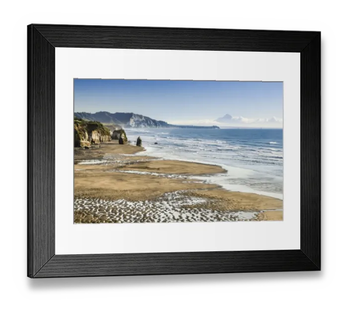Framed Print : White Cliffs Beach at low tide, Mt. Tarakaki volcano on the horizon, Ahititi, Taranaki, North Island, New Zealand