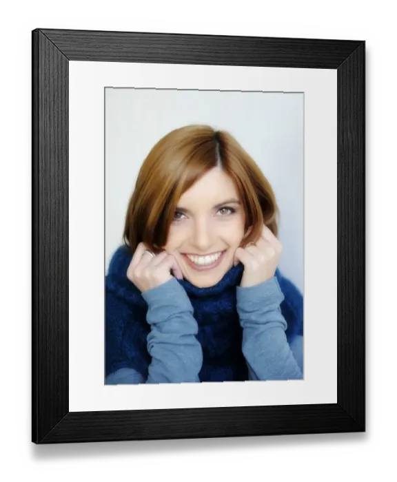 Framed Print : Young smiling woman wearing a turtleneck sweater, portrait Framed Print : Young smiling woman wearing a turtleneck sweater, portrait