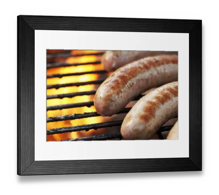 Framed Print : Sausages being grilled on a barbecue Framed Print : Sausages being grilled on a barbecue