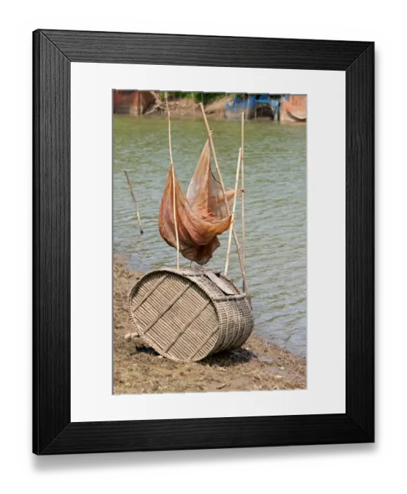 Framed Print : Fish trap made of bamboo and a fishing net on the Sangkae river, Battambang, Cambodia, Southeast Asia