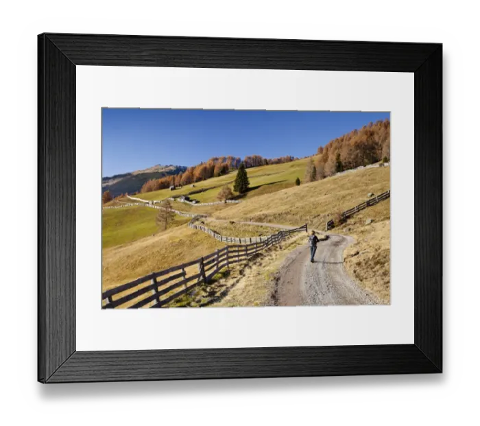 Framed Print : Hiker during the descent from the Gedrumalm alpine pastures in the Gedrum Valley above Reinswald in the Sarn Valley, Alto Adige, Italy, Europe Framed Print : Hiker during the descent from the Gedrumalm alpine pastures in the Gedrum Valley above Reinswald in the Sarn Valley, Alto Adige, Italy, Europe