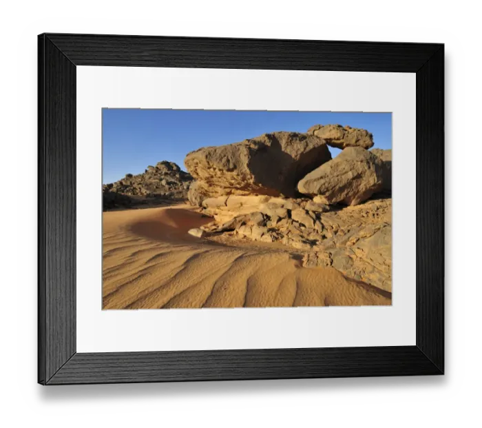 Framed Print : Sandstone rock formation and sand dunes, Adrar Tekemberet, Immidir, Algeria, Sahara, North Africa