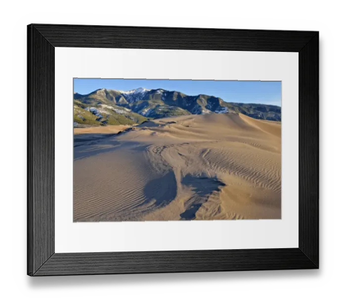 Framed Print : Dune landscape in front of the Sangre de Cristo Mountains, Great Sand Dunes National Park, Mosca, Colorado, USA Framed Print : Dune landscape in front of the Sangre de Cristo Mountains, Great Sand Dunes National Park, Mosca, Colorado, USA
