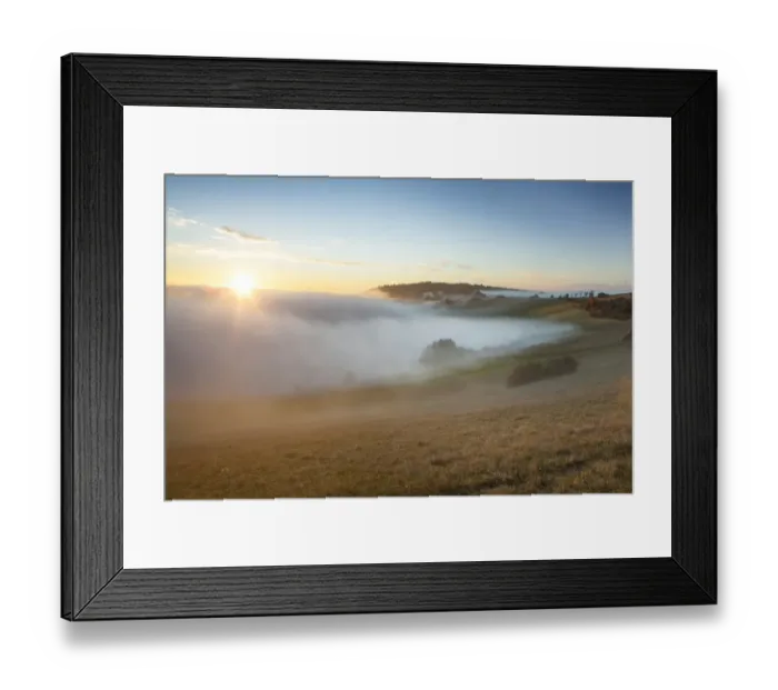 Framed Print : Autumn mood with mist and sunset on the Alter Postweg in Hegau in Watterdingen, Baden-Wurttemberg, Germany Framed Print : Autumn mood with mist and sunset on the Alter Postweg in Hegau in Watterdingen, Baden-Wurttemberg, Germany