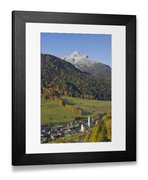 Framed Print : Overlooking the town of Sesto, Sexten, with Croda dei Baranci or Birkenkofel mountain, South Tyrol, Italy, Europe Framed Print : Overlooking the town of Sesto, Sexten, with Croda dei Baranci or Birkenkofel mountain, South Tyrol, Italy, Europe
