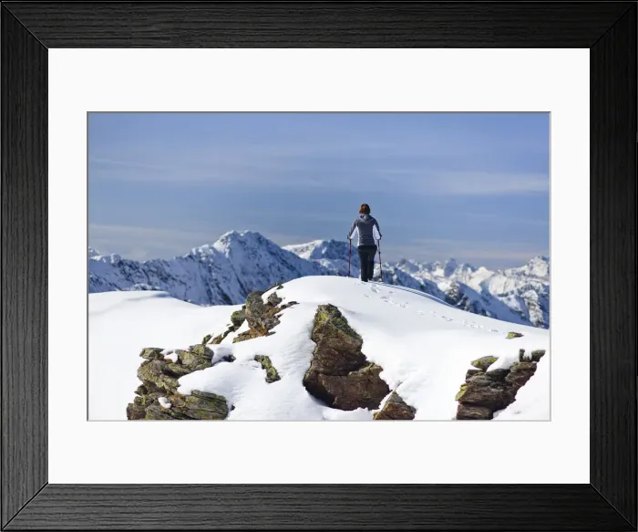 Framed Print : Hiker in the snow on the top of Roethenspitz Mountain above Penser Joch Pass, Sarn Valley, Alto Adige, Italy, Europe Framed Print : Hiker in the snow on the top of Roethenspitz Mountain above Penser Joch Pass, Sarn Valley, Alto Adige, Italy, Europe