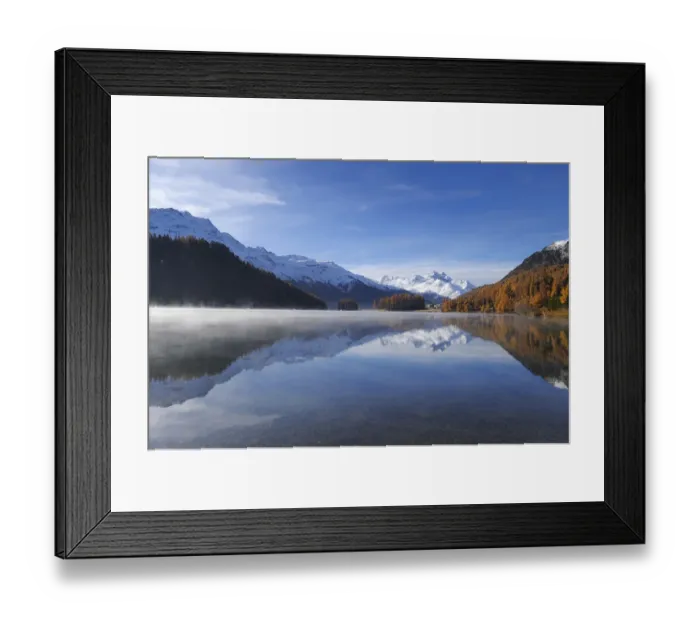 Framed Print : Lake Champfer with larch forest with autumnal colouring, Mt Piz da la Margna at back, St. Moritz, Engadine, Grisons, Switzerland, Europe Framed Print : Lake Champfer with larch forest with autumnal colouring, Mt Piz da la Margna at back, St. Moritz, Engadine, Grisons, Switzerland, Europe