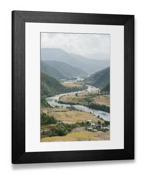 Framed Print : River landscape, river meandering through a valley, near Punakha, the Himalayas, Bhutan Framed Print : River landscape, river meandering through a valley, near Punakha, the Himalayas, Bhutan