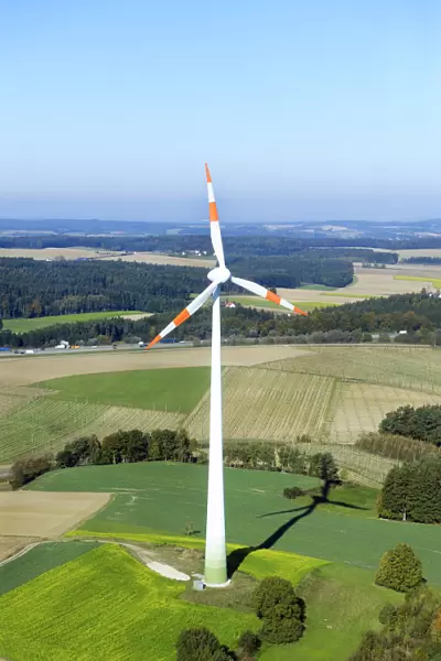 Aerial view, wind turbine near Wolnzach, Pfaffenhofen an der Ilm district, Hallertau hops growing area, Upper Bavaria, Bavaria, Germany, Europe, PublicGround