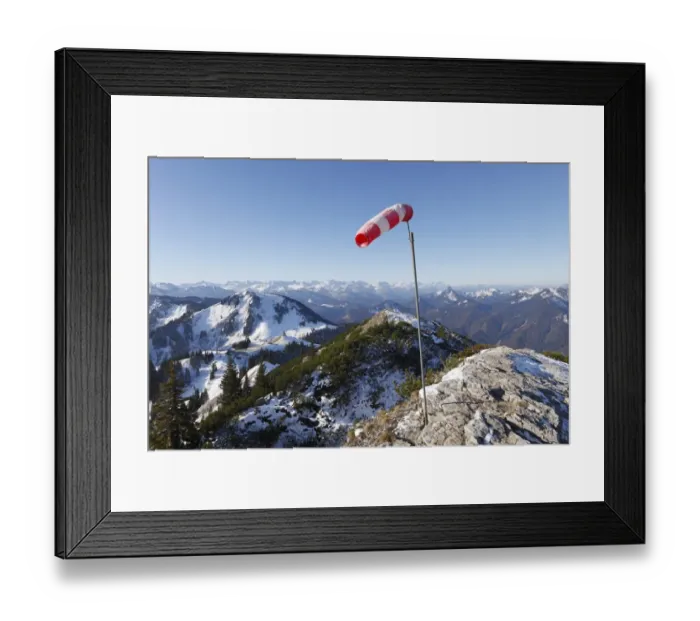 Framed Print : Windsock on the summit of Mt Wallberg, Mt Setzberg, left, Mangfall mountains, Upper Bavaria, Bavaria, Germany, Europe, PublicGround