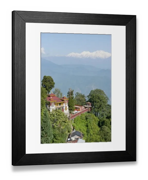 Framed Print : Bhutia Busty Gompa, Buddhist monastery, snow-covered Mt Kangchenjunga at the back, Darjeeling, Western Himalayas, West Bengal, India Framed Print : Bhutia Busty Gompa, Buddhist monastery, snow-covered Mt Kangchenjunga at the back, Darjeeling, Western Himalayas, West Bengal, India