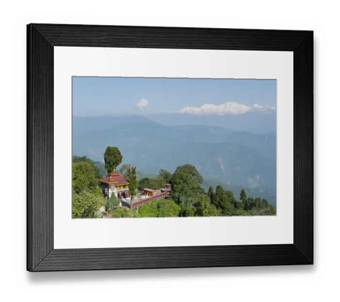 Framed Print : Bhutia Busty Gompa, Buddhist monastery, snow-covered Mt Kangchenjunga at the back, Darjeeling, Western Himalayas, West Bengal, India Framed Print : Bhutia Busty Gompa, Buddhist monastery, snow-covered Mt Kangchenjunga at the back, Darjeeling, Western Himalayas, West Bengal, India