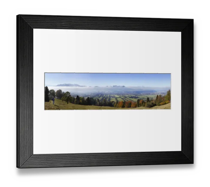 Framed Print : Panoramic view from Sonntratn Mountain near Gaissach over the Isar valley, looking towards Brauneck, Benedict Wall, Zwiesel and Blomberg, with Bad Toelz on the right, Isarwinkel, Upper Bavaria, Bavaria, Germany, Europe