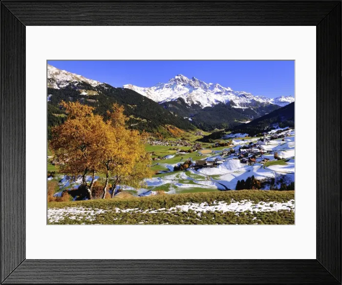 Framed Print : Oberhalbstein in autumn with the villages Savognin and Parsonz, behind the snowy Piz d Err, Graubunden, Switzerland Framed Print : Oberhalbstein in autumn with the villages Savognin and Parsonz, behind the snowy Piz d Err, Graubunden, Switzerland
