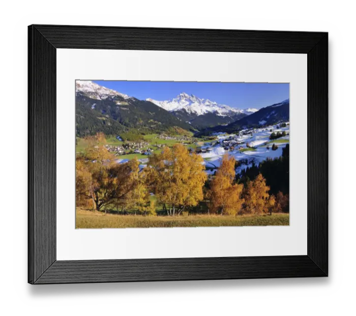 Framed Print : Oberhalbstein in autumn with the villages Cunter, Savognin, Parsonz, behind the snowy Piz d Err, Graubunden, Switzerland