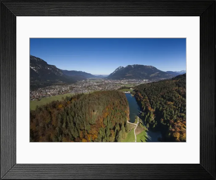 Framed Print : Aerial view, Riessersee, Garmisch-Partenkirchen, Mt Wank, Wetterstein Range, Loisachtal Valley, Werdenfelser Land Region, Bayerisches Oberland, Bavaria, Germany Framed Print : Aerial view, Riessersee, Garmisch-Partenkirchen, Mt Wank, Wetterstein Range, Loisachtal Valley, Werdenfelser Land Region, Bayerisches Oberland, Bavaria, Germany