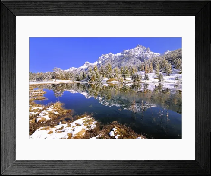 Framed Print : Schwarzsee or Lai Nair with snow-covered larch forest, Tarasp, Engadin, Graubunden, Switzerland Framed Print : Schwarzsee or Lai Nair with snow-covered larch forest, Tarasp, Engadin, Graubunden, Switzerland