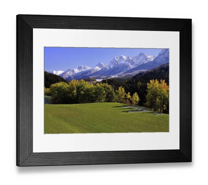 Framed Print : Lower Engadine in autumn with snowy mountains, Graubunden, Switzerland