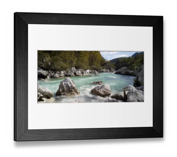 Framed Print : Panoramic view of turquoise Soca river, Soca Valley near Bovec, Triglav National Park, Slovenia, Europe Framed Print : Panoramic view of turquoise Soca river, Soca Valley near Bovec, Triglav National Park, Slovenia, Europe