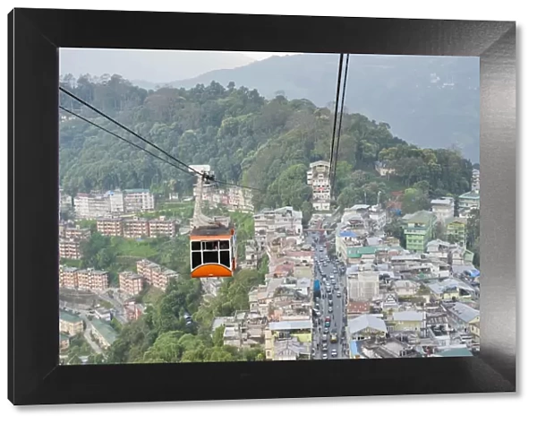 Gondola of a cable car and the town of Gangtok, aerial view, Sikkim, Himalayas, India