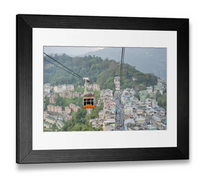 Framed Print : Gondola of a cable car and the town of Gangtok, aerial view, Sikkim, Himalayas, India Framed Print : Gondola of a cable car and the town of Gangtok, aerial view, Sikkim, Himalayas, India