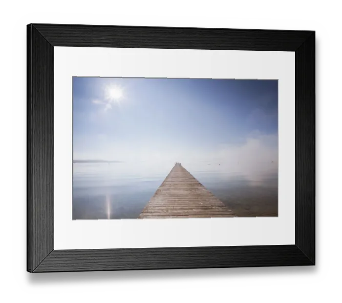 Framed Print : Very long jetty on Chiemsee Lake with high fog and sun near Seebruck, Bavaria, Germany, Europe, PublicGround