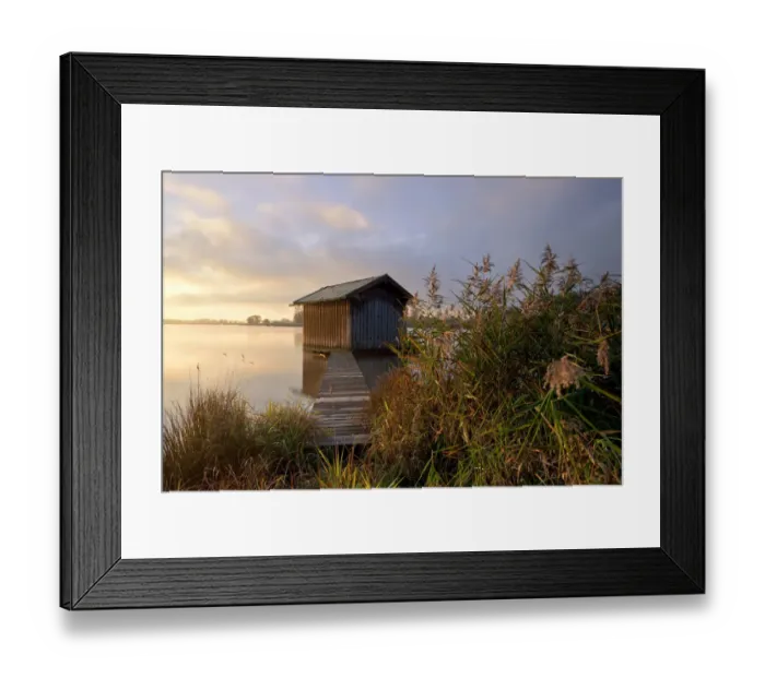 Framed Print : Sunrise with a fishermans hut and a light morning mist near Rimsting on Lake Chiemsee, Bavaria, Germany, Europe, PublicGround