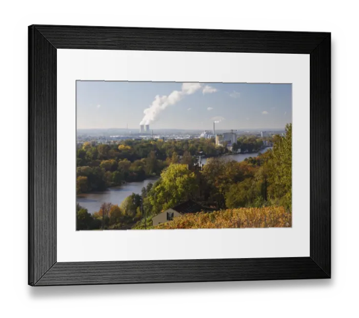 Framed Print : View from Karlsturm tower at Peterstirn Castle over the Main River with Schweinfurt municipal park and industrial estate, with Grafenrheinfeld Nuclear Power Plant in the distance, Schweinfurt, Lower Franconia, Franconia, Bavaria, Germany, Europe