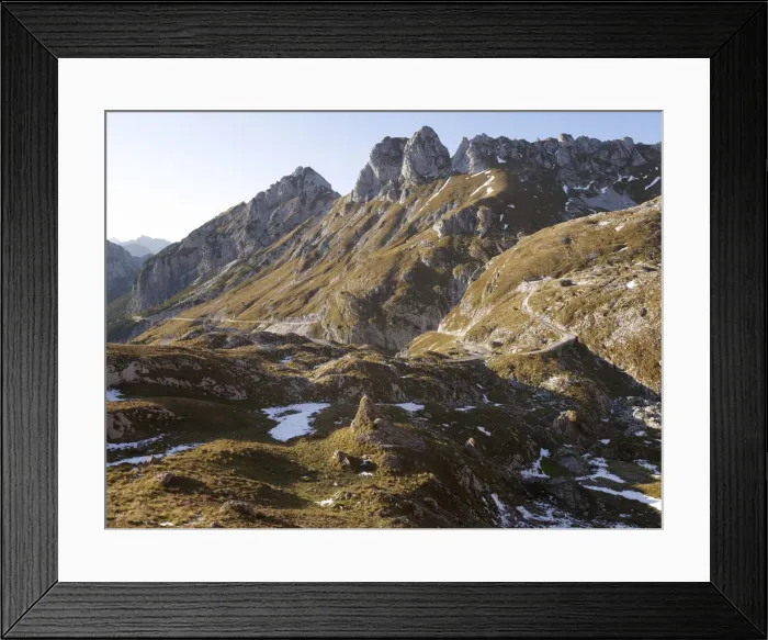Framed Print : View from Mangart Pass of the mountains of the Julian Alps, Triglav National Park, Slovenia, Europe Framed Print : View from Mangart Pass of the mountains of the Julian Alps, Triglav National Park, Slovenia, Europe