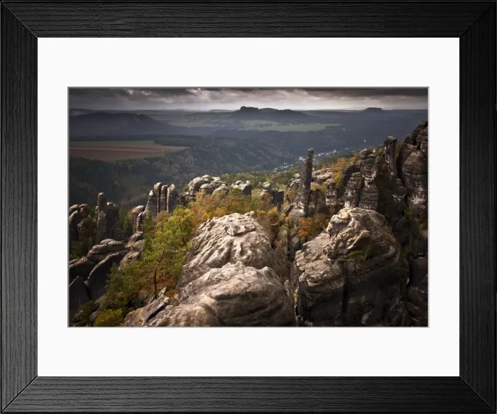 Framed Print : View from Schrammstein lookout point, Elbe Sandstone Mountains, Saxony, Germany Framed Print : View from Schrammstein lookout point, Elbe Sandstone Mountains, Saxony, Germany