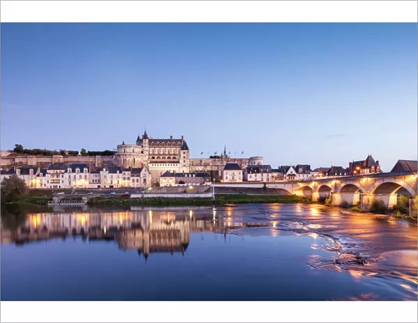The walled town and Chateau of Amboise reflected in the River Loire in the evening, Amboise, Centre, France