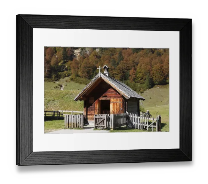 Framed Print : Eng-Alm, small chapel on mountain pasture, Grosser Ahornboden, pasture with maple trees, Risstal, Karwendel Mountains, Tyrol, Austria, Europe, PublicGround