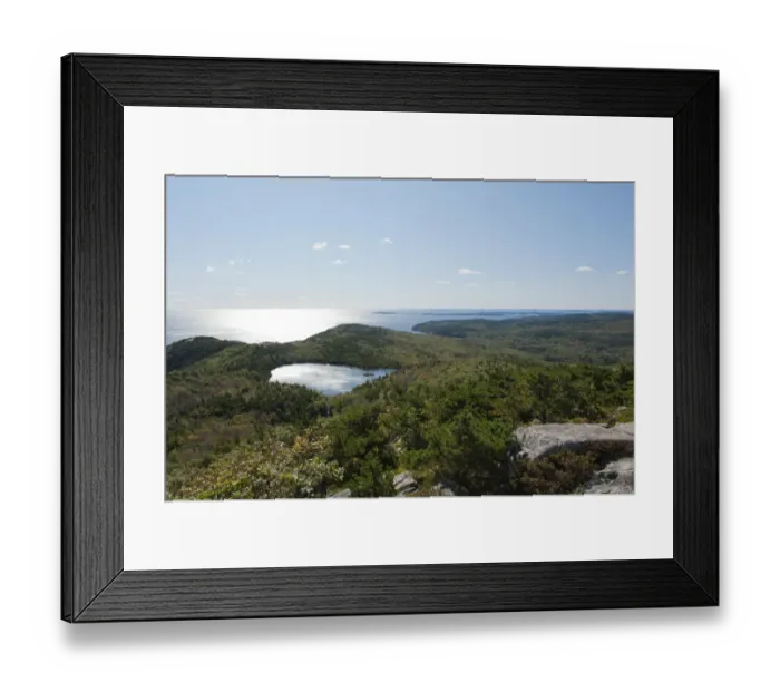 Framed Print : Forest and sea views from the summit of Champlain Mountain, 328 m, over The Bowl lake, hiking trail, Bear Brook Trail, Acadia National Park, Maine, New England, USA, North America Framed Print : Forest and sea views from the summit of Champlain Mountain, 328 m, over The Bowl lake, hiking trail, Bear Brook Trail, Acadia National Park, Maine, New England, USA, North America