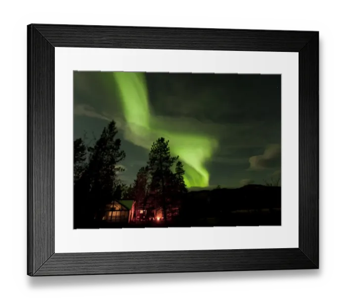 Framed Print : Illuminated, lit wall tent, cabin with swirling northern polar lights, Aurora Borealis, green, near Whitehorse, Yukon Territory, Canada