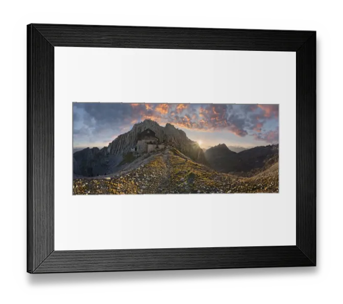 Framed Print : Panoramic view as seen from Toerlgatterl, Toerlspitze mountain and Meilerhuette mountain lodge at sunrise, with bizarre red clouds in the sky, Garmisch-Partenkirchen, Wetterstein mountain range, Bavaria, Germany, Europe Framed Print : Panoramic view as seen from Toerlgatterl, Toerlspitze mountain and Meilerhuette mountain lodge at sunrise, with bizarre red clouds in the sky, Garmisch-Partenkirchen, Wetterstein mountain range, Bavaria, Germany, Europe
