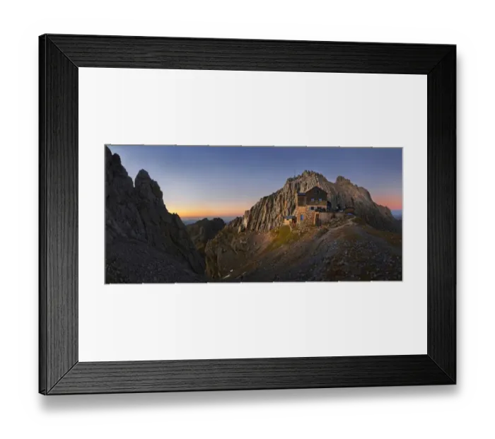 Framed Print : Panoramic view as seen from Toerlgatterl, Toerlspitze mountain and Meilerhuette mountain lodge at sunset, Garmisch-Partenkirchen, Wetterstein mountain range, Bavaria, Germany, Europe Framed Print : Panoramic view as seen from Toerlgatterl, Toerlspitze mountain and Meilerhuette mountain lodge at sunset, Garmisch-Partenkirchen, Wetterstein mountain range, Bavaria, Germany, Europe
